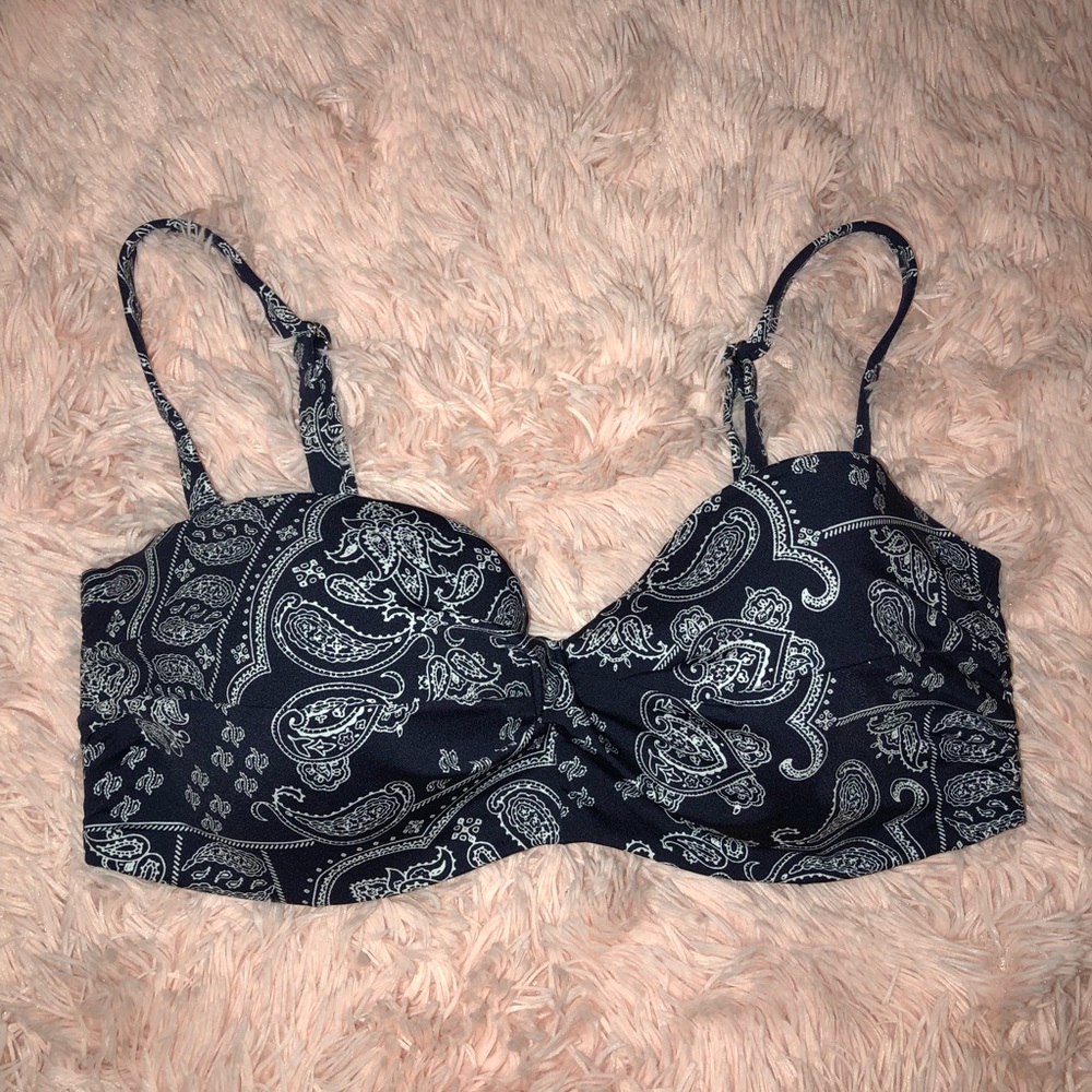 Removable Straps Navy Blue Paisley Bikini Top